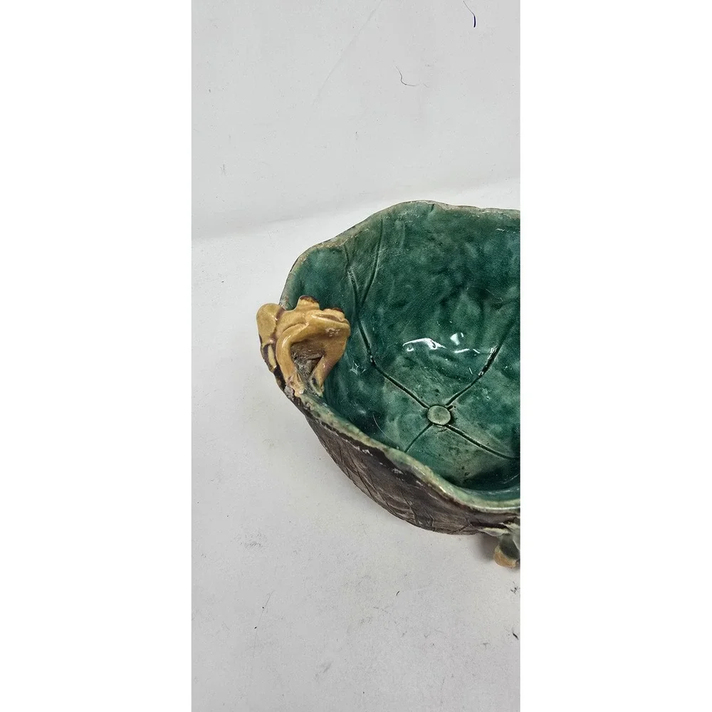 Vtg Majolica‎ style frogs planter ceramic pottery pot green brown